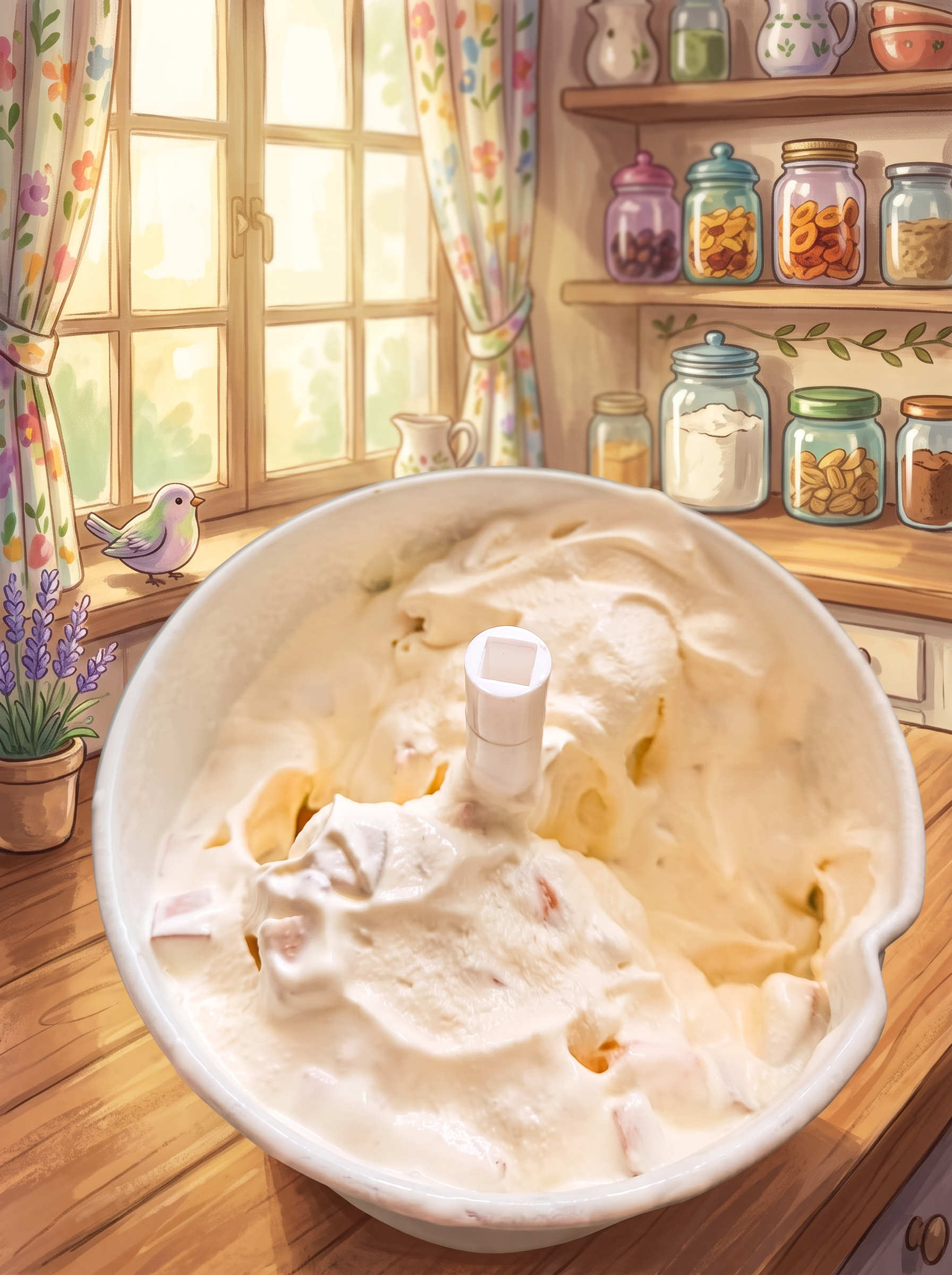Creamy homemade peach ice cream churning with fresh peach chunks